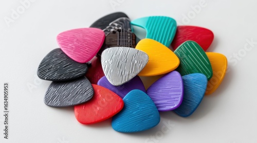 Colorful set of guitar picks isolated on white background, top view for music gear shop catalog 