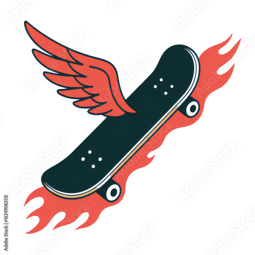 Winged Skateboard Ascending in Flames Modern Artistic Illustration for Lifestyle Design and Digital Projects
