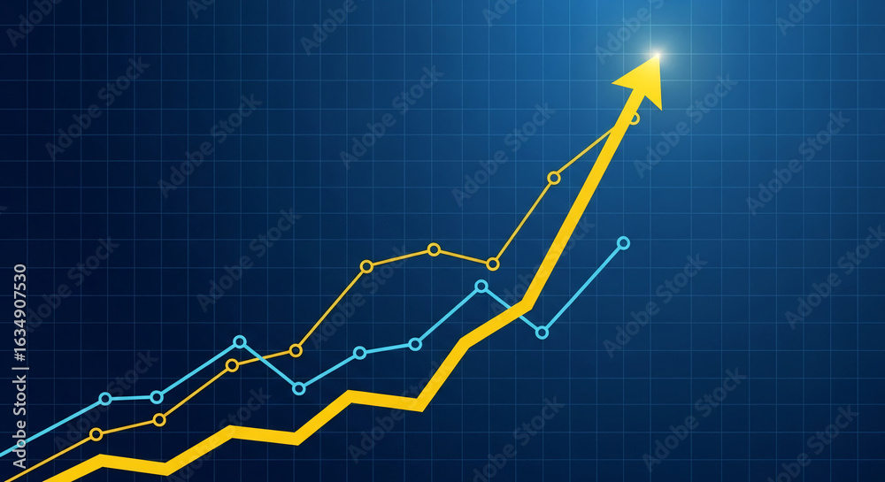 Naklejka premium Ascending yellow arrow graph on dark-blue grid background, showcasing growth, success, and upward trend, ideal for business presentations or financial reports