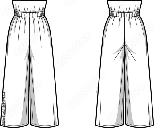 Wide High waist wide leg pants flat sketch, elastic waistband trousers, fashion technical drawing, front and back view template