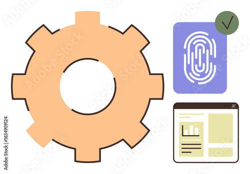 Gear for efficiency, fingerprint scan for security, analytics dashboard. Ideal for technology, automation, security, innovation, data management user authentication system optimization. Simple flat