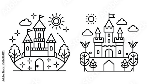Fantasy Castle Line Art Icon Set Magical Kingdom Outline with Sun, Trees, and Storybook Elements for Fairytale Design
