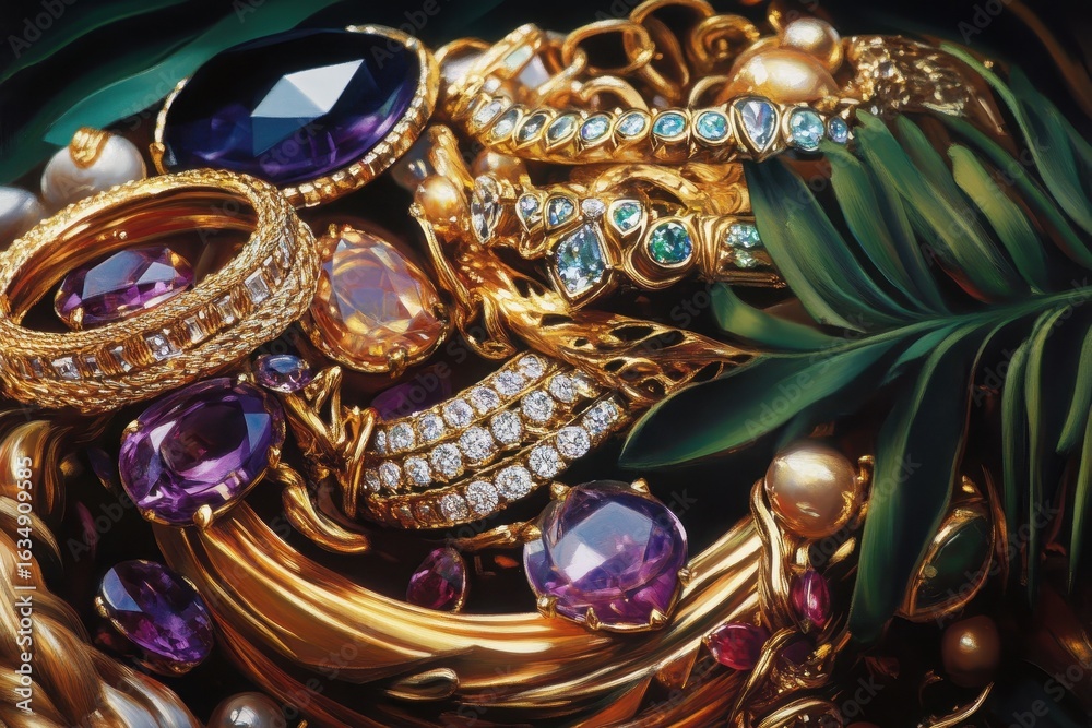 Fototapeta premium Luxury gold jewelry pile, pile of luxury gold jewelry, including necklaces, bracelets