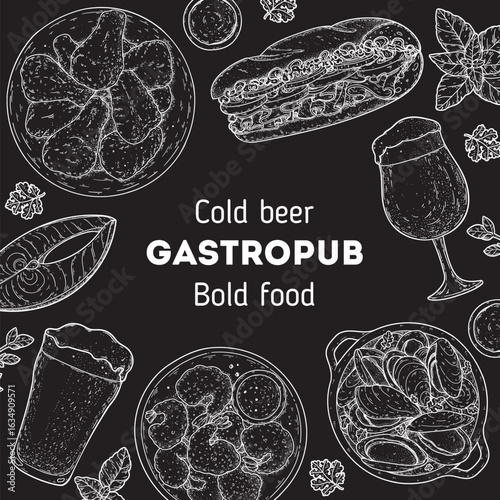 Gastropub menu. Pub food and beer. Hand drawn vector illustration. Food and drink sketch. Top view. Hand drawn food collection for gastropub or pub menu design. Beer and food frame.