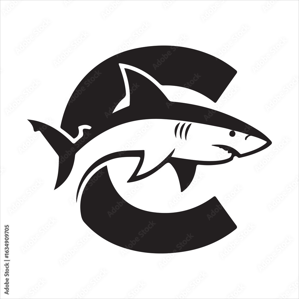 Obraz premium Striking Black and White Shark Graphic Design Powerful Aquatic Predator Illustration Marine Life Icon Ocean Theme Logo Sharks Species
