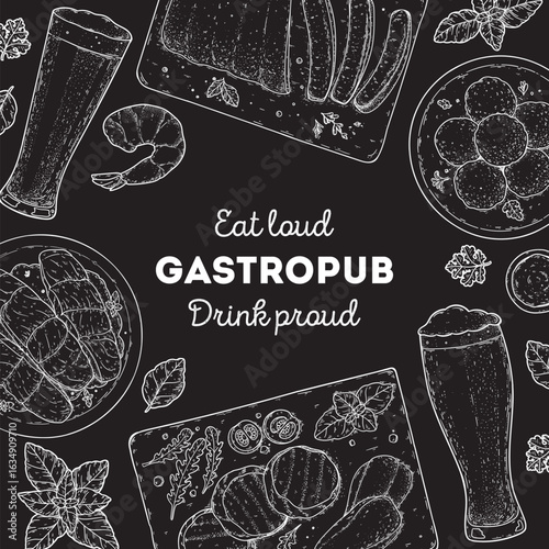 Gastropub menu. Pub food and beer. Hand drawn vector illustration. Food and drink sketch. Top view. Hand drawn food collection for gastropub or pub menu design. Beer,