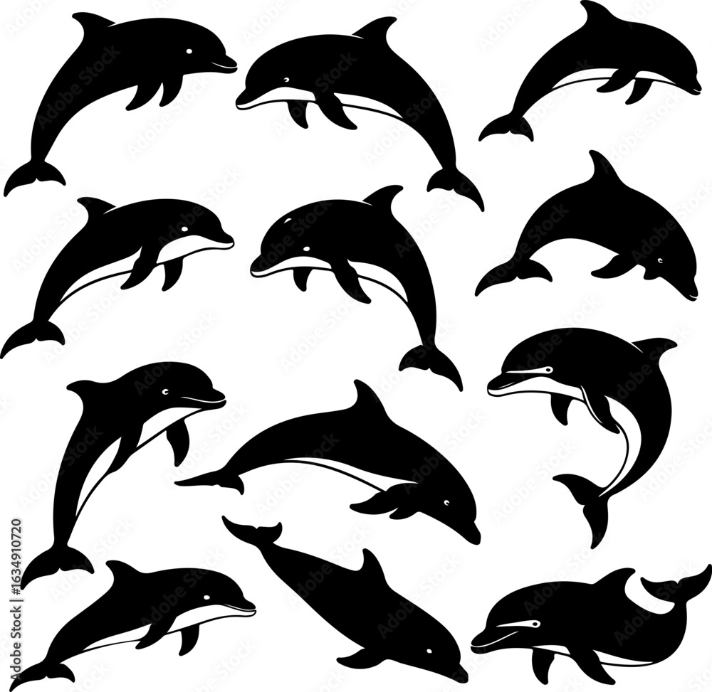 Naklejka premium Collection of Dolphin Silhouettes in Various Poses