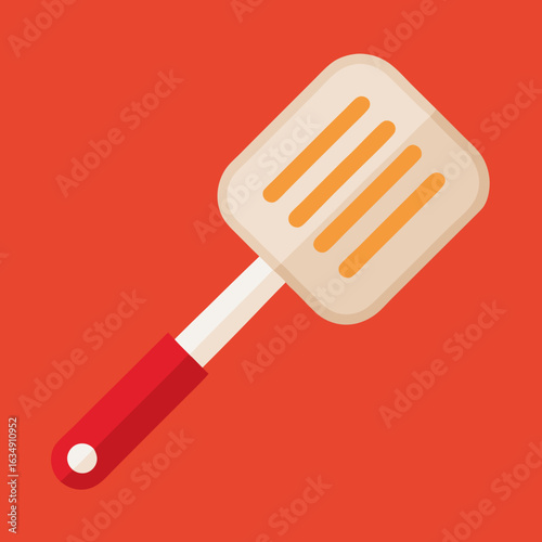 Flat design illustration of a slotted spatula with a red handle