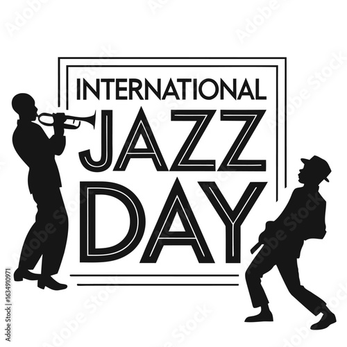 Black silhouette of jazz musicians playing trumpet and dancing with International Jazz Day text vector