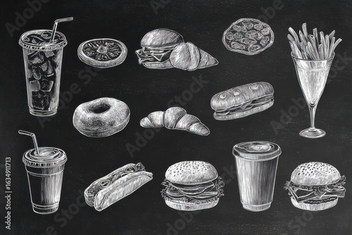 Creative collection of food and drinks doodles displayed on a chalkboard background featuring various snacks and beverages, perfect for a cafe setting during a casual afternoon