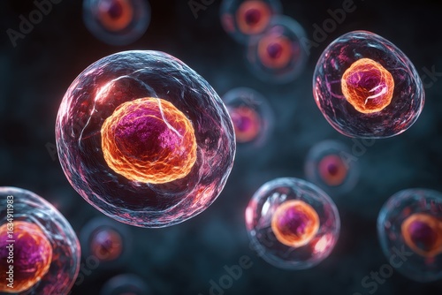 Creative representation showcasing embryonic stem cells with distinct cellular structures and vibrant colors, emphasizing their potential in medical research and regenerative therapies