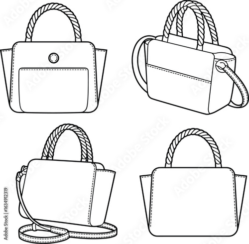 Small handbag with rope handles, front pocket, detachable shoulder strap, minimalist design, fashion accessory, detailed line art, product sketch