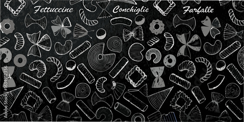 Chalkboard art featuring assorted pasta shapes and names