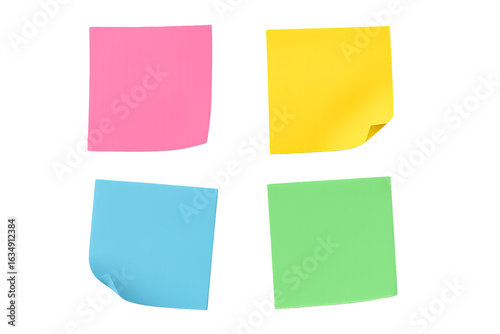 Four colorful sticky notes arranged in a cross shape isolated on transparent background