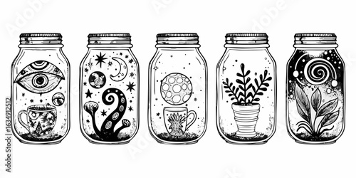 Whimsical jars filled with celestial and botanical wonders