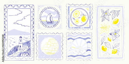 Collection of mediterranean themed illustrated stamps