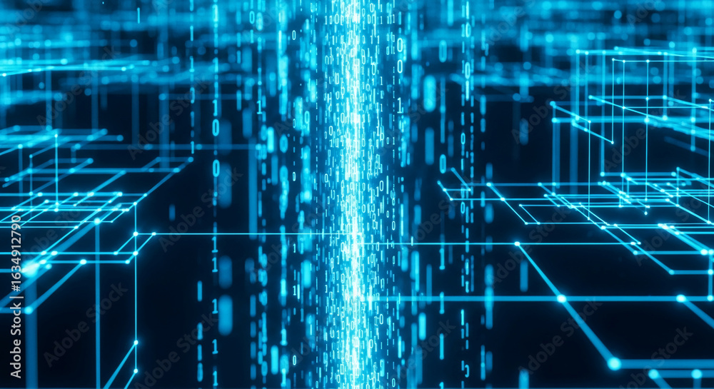 Fototapeta premium Abstract digital background with glowing blue lines and binary code, symbolizing technology, data flow, and network connection