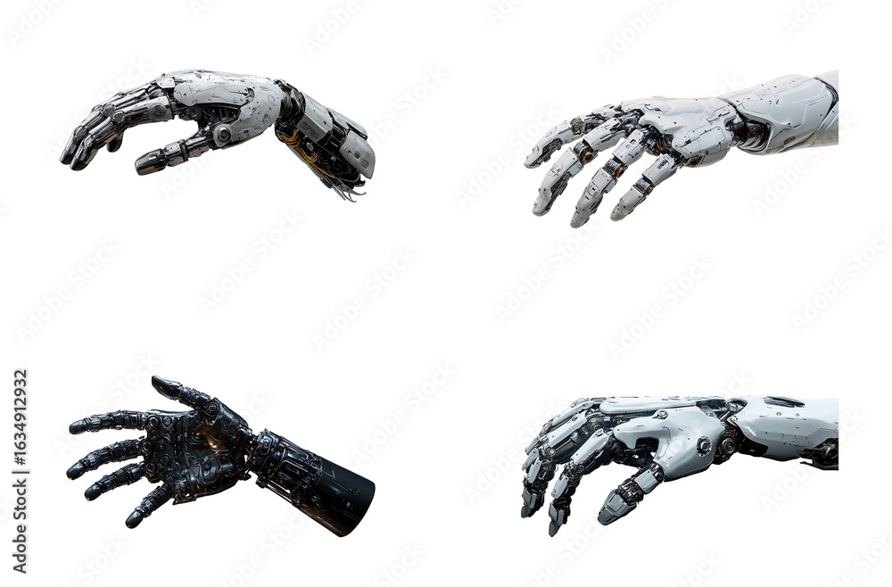 Fototapeta premium Four Robotic Hands in Various Gestures White and Black Mechanical Arms Artificial Intelligence Technology