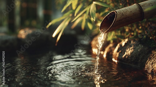 Tranquil bamboo fountain cascading water into stream creating soothing ambiance