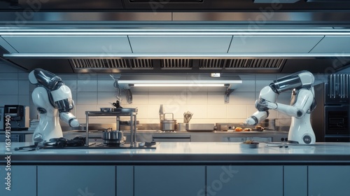 Fototapeta Naklejka Na Ścianę i Meble -  Robotic chefs preparing food in a modern commercial kitchen, showcasing automation