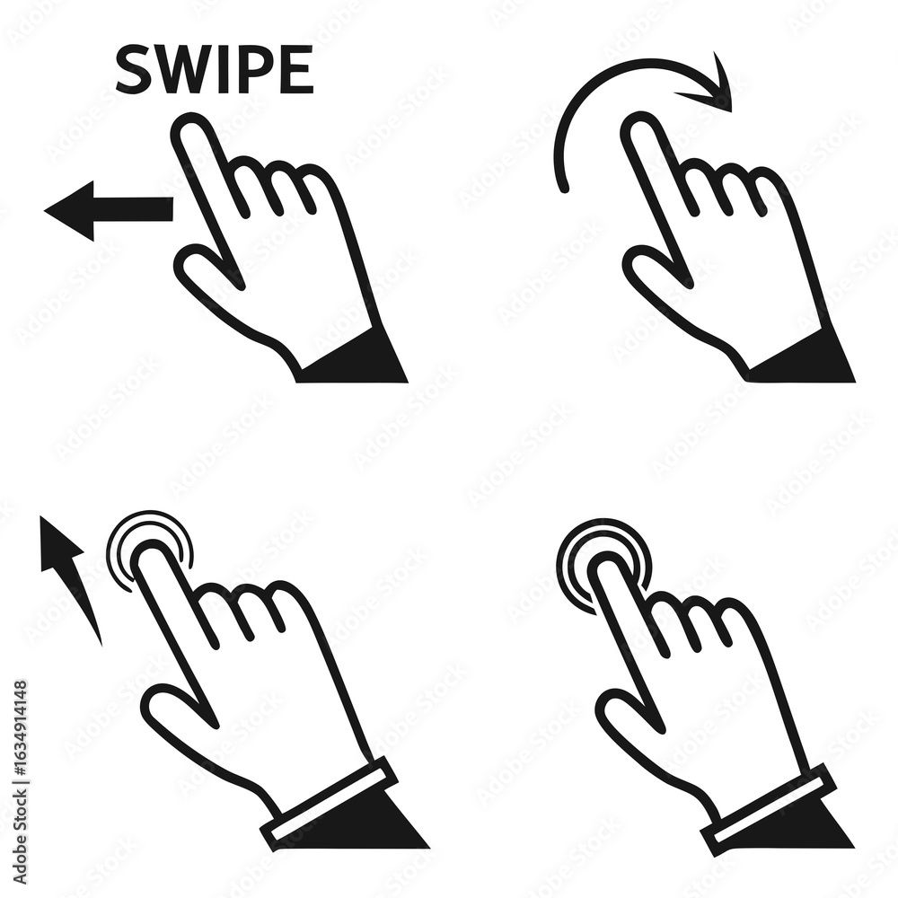 Obraz premium Simple flat black outline icons for mobile social interface: swipe set, on clean white background