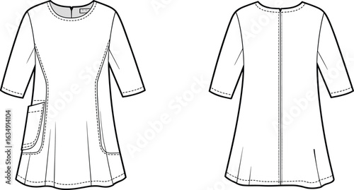 Women's dress flat sketch with pocket, technical fashion drawing, front and back view, short dress with elbow length sleeves