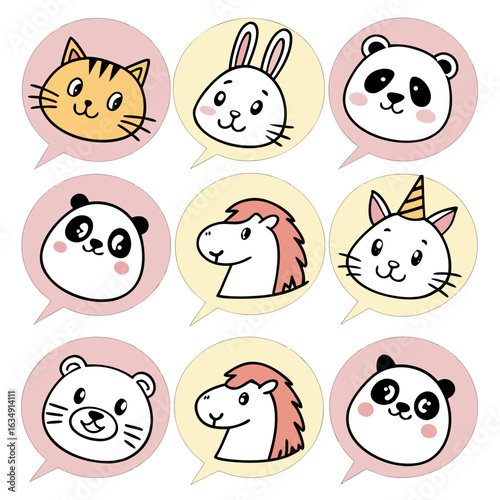 Printable sticker sheet of 12 kawaii animal face icons (cat, panda, bunny, frog, dog, bear, penguin, hamster, unicorn, fox, lion, and cow), arranged in a 3x4 grid with pastel circular background bubbl