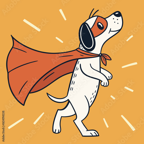Funny cartoon dog in a superhero cape, standing on two legs, bold black outline, simple geometric shapes, colorful orange background, minimal flat vector art