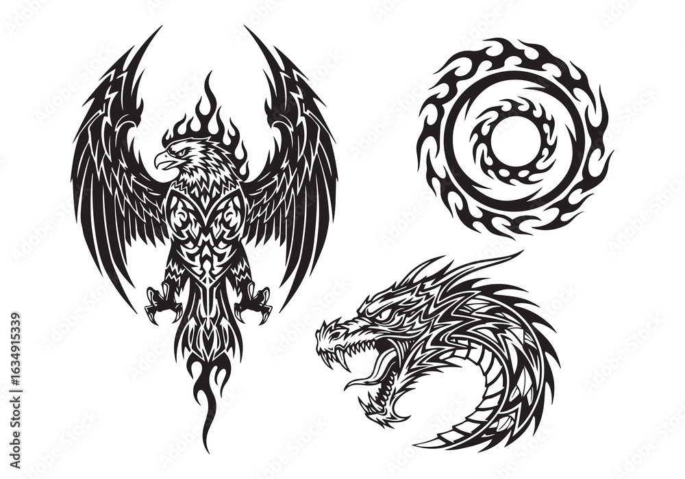Fototapeta premium Tribal Eagle, Dragon Head, and Flame Circle Tattoo Designs