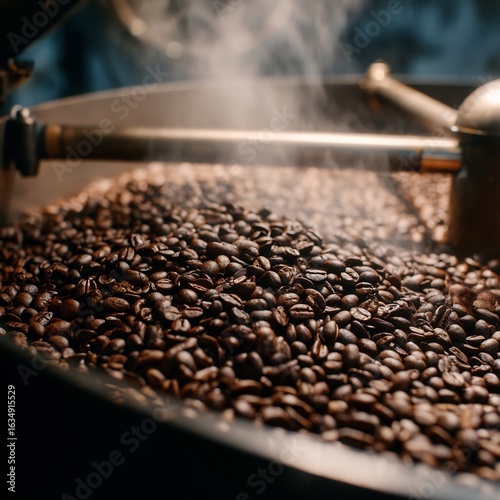 Aromatic journey: Freshly roasted coffee beans swirling with steam during the roasting process