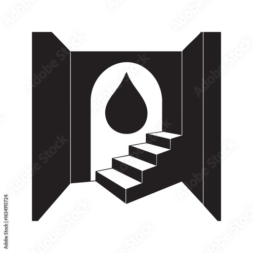 Abstract black and white illustration of a dark corridor with a glowing circular portal and a staircase leading upwards