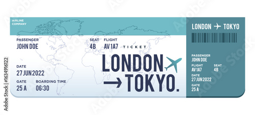 Teal and white Airplane ticket design. Realistic illustration of airplane ticket boarding pass with passenger name and destination. Concept of travel, journey or business trip. Isolated on white.