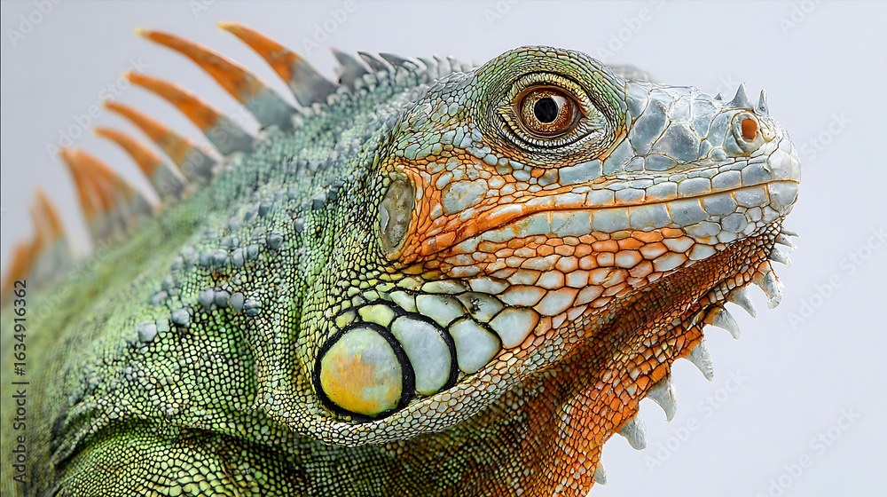Fototapeta premium Green iguana head detailed scales orange spikes textured skin reptile lizard