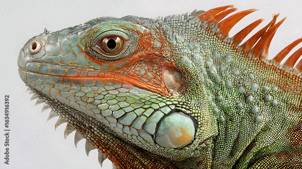 Fototapeta premium Green iguana head detailed close up with orange accents and spiky crest reptile lizard