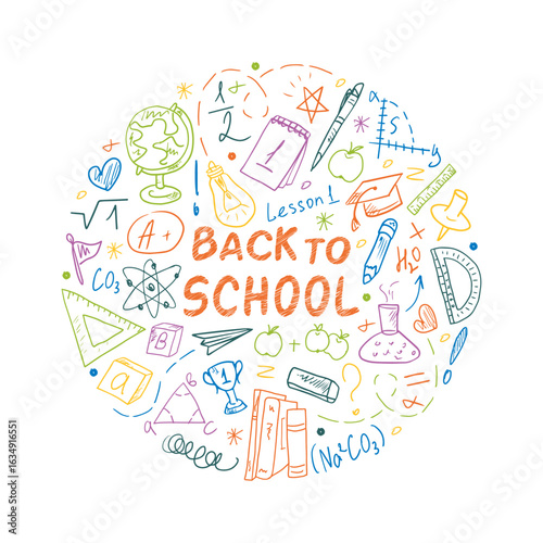 Back to School ornament in the form of a circle with hand-drawn school drawings. Template for the concept of education with school supplies. Round design for posters, labels, and stickers.