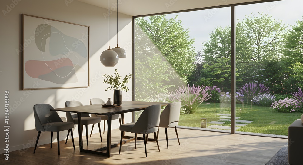 Fototapeta premium Modern Dining Room with Garden View (AI Generated)