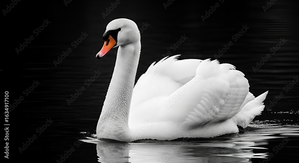 Obraz premium Elegant mute swan swimming in dark water with beautiful white feathers