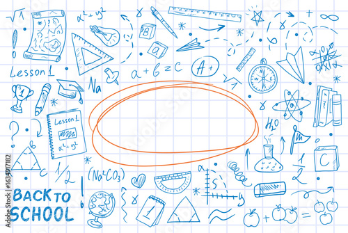 School banner with hand-drawn school supplies on a piece of notebook paper. A large set of school illustrations in doodle style, education concept. Back to school, design elements.