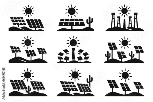 Desert Solar Farm and Sun Tracking Field Icons, Clean Vector Silhouettes