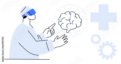 Medical expert interacting with a digital brain model via VR headset. Ideal for healthcare, technology, innovation, neuroscience, medical training, research, future solutions, simple flat metaphor