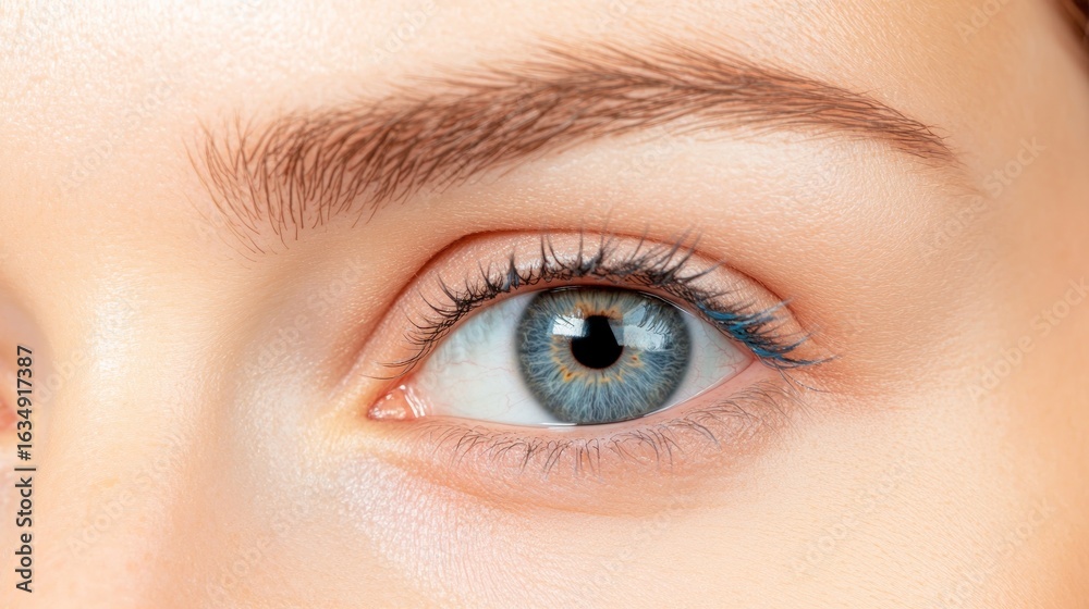 Obraz premium Beautiful close up of human eye featuring clear blue iris and soft skin in natural light