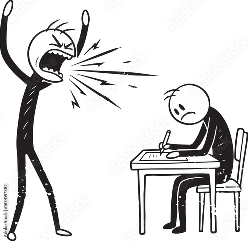 Aggressive stick figure shouting at person working at desk yelling anger