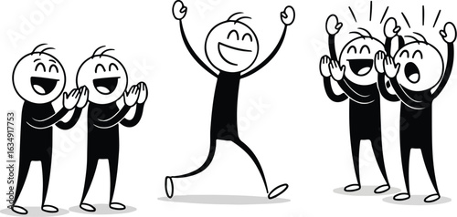 Cheering crowd celebrating a triumphant stick figure celebration success