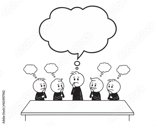 Group of stick figures thinking with thought bubbles above heads people