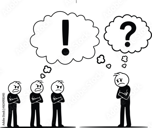 Group of Angry Stick Figures Thinking Exclamation Mark vs. One Confused Stick Figure Thinking