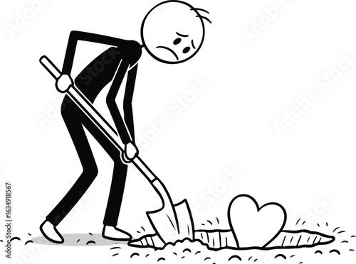 Sad stick figure burying a heart with a shovel on white background digging