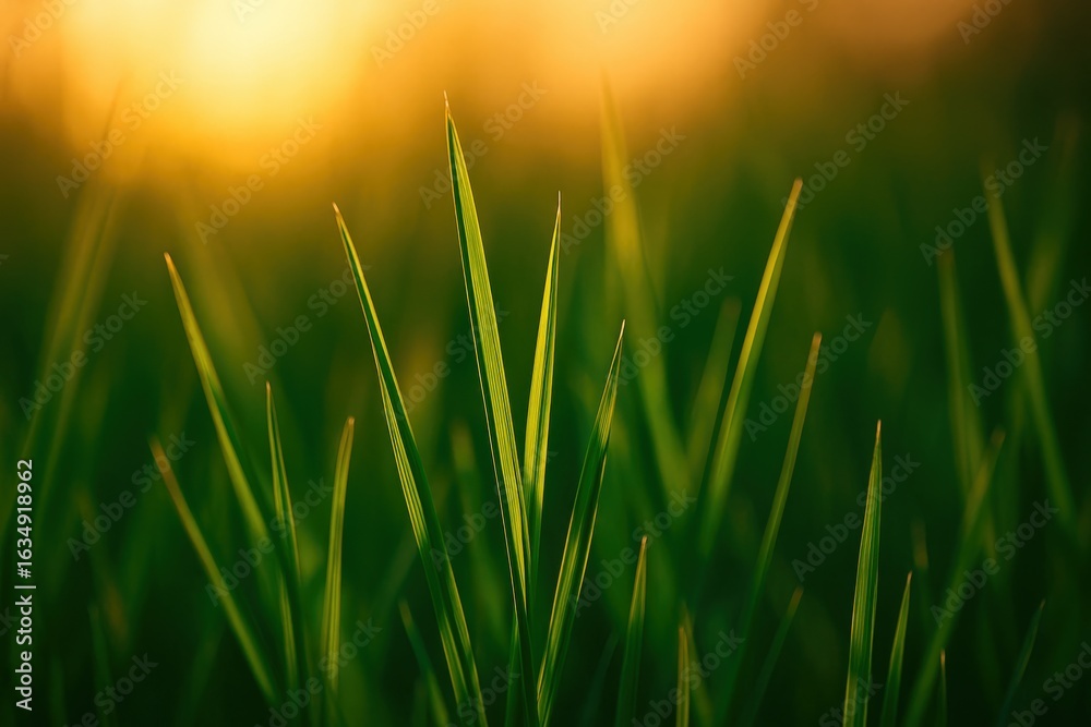 Fototapeta premium Vibrant green grass at sunset creating a serene atmosphere in nature's landscape