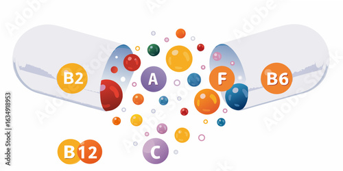 Colorful vitamin capsules spilling out with various vitamins labeled