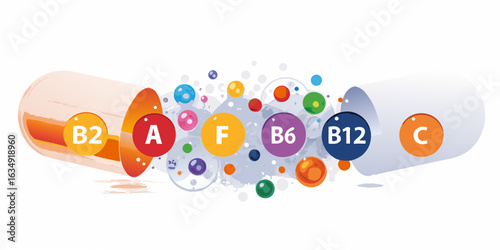 Open capsule releasing colorful vitamins and bubbles