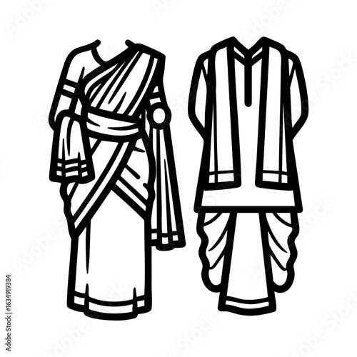 Assamese Mekhela Sador Dhoti Kurta Gamosa Couple Vector - Northeast India Cultural Logo